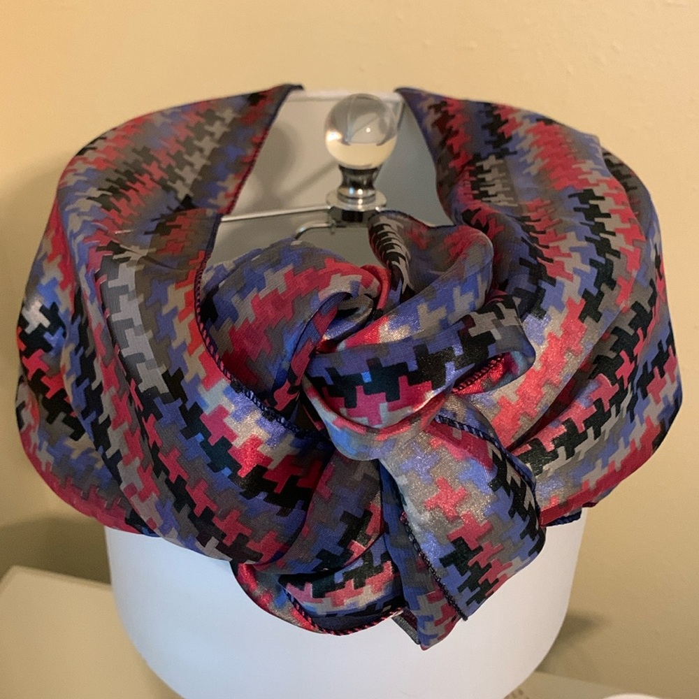 Oblong Scarf: Red, Blue, Gray, Black Design, Sheer & Opaque, 60” x 12”, Career